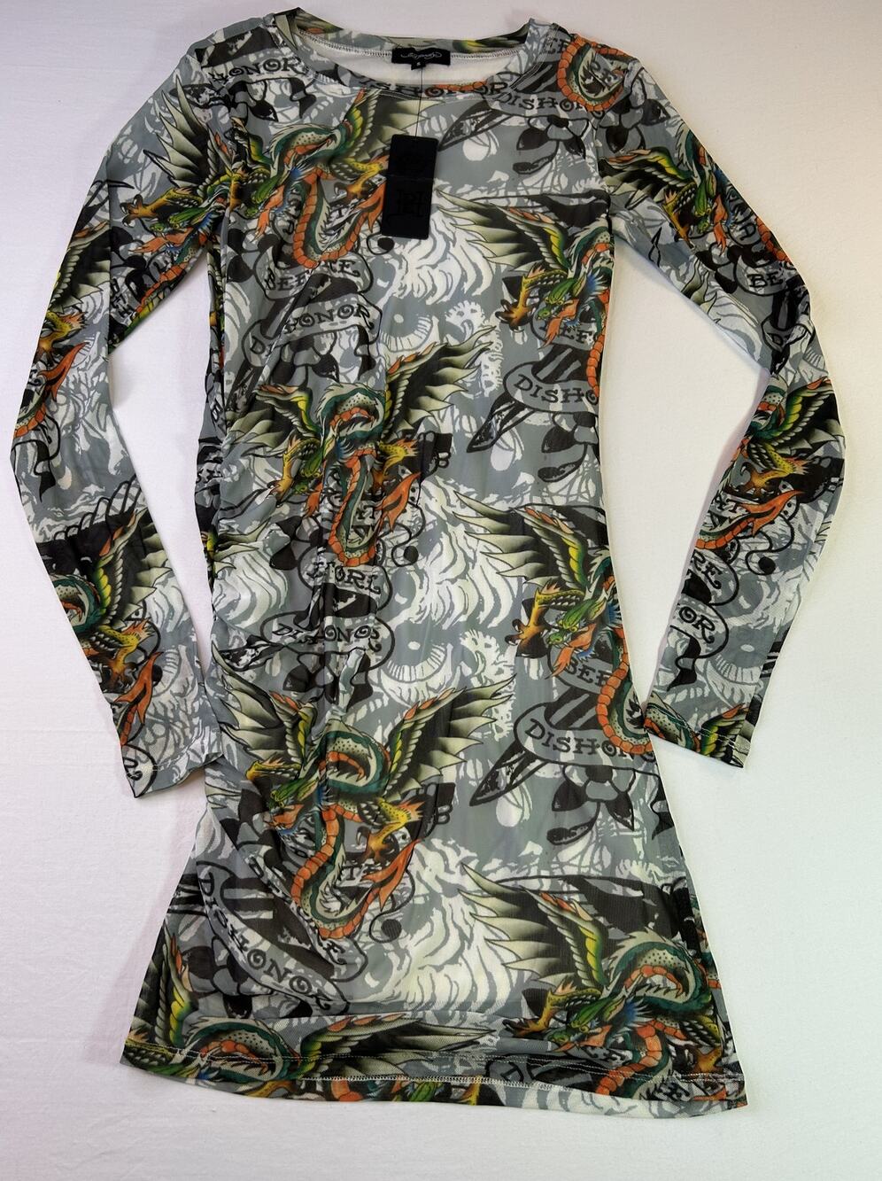 Ed Hardy Sheer Mesh Long Sleeve Top Size S Dragon Tattoo Print NWT